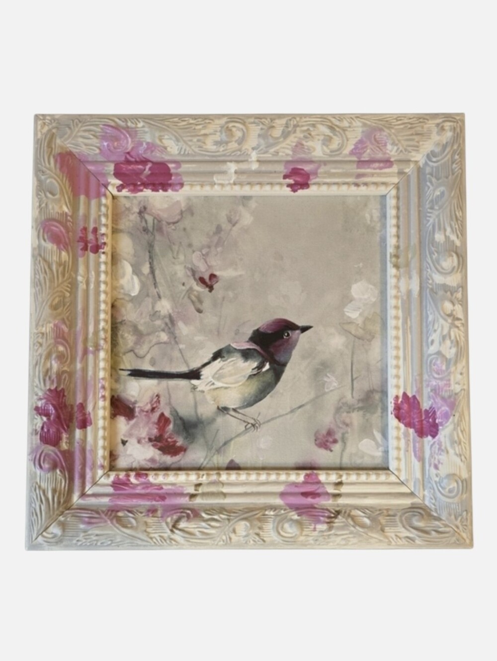 Framed Bird Wall Art in Pink and Cream Whimiscal Nature